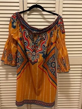 Flying Tomato Mustard Off-Shoulder Midi Dress with Multicolor Paisley Print